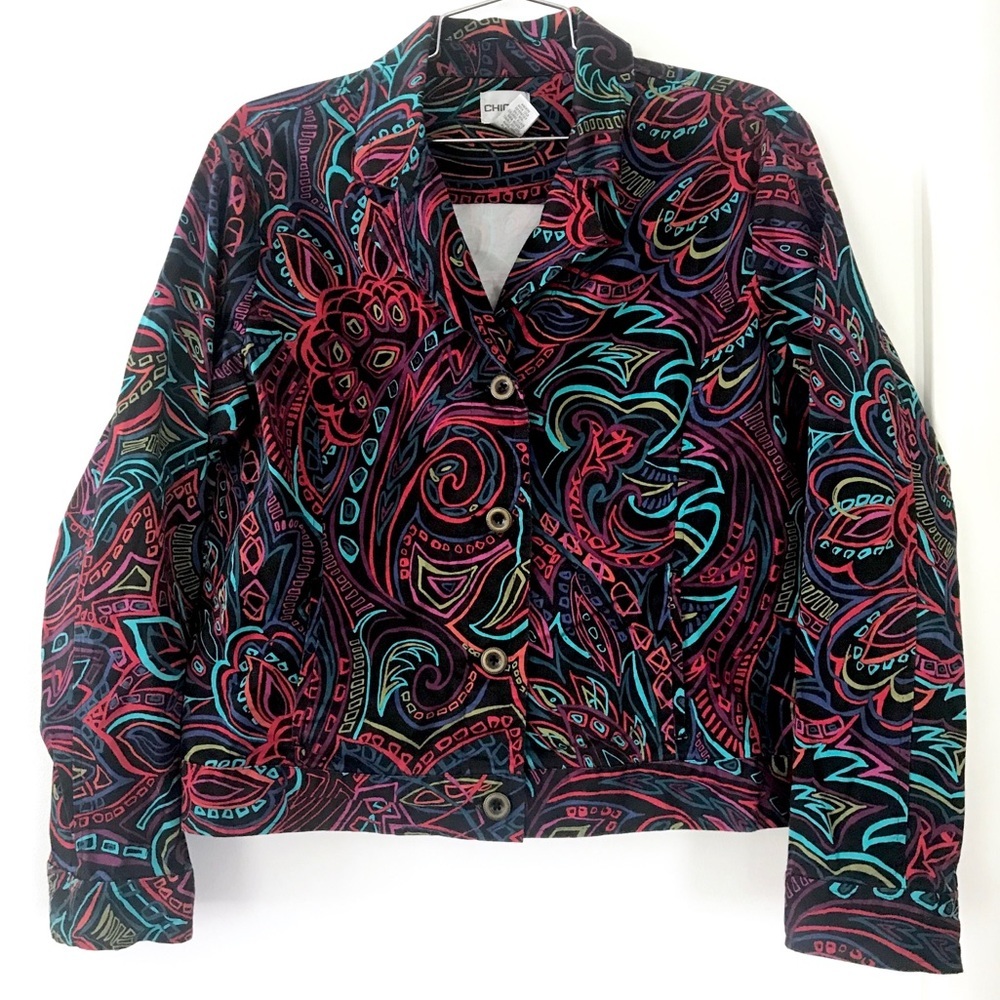Chico’s black rainbow floral abstract jacket coat